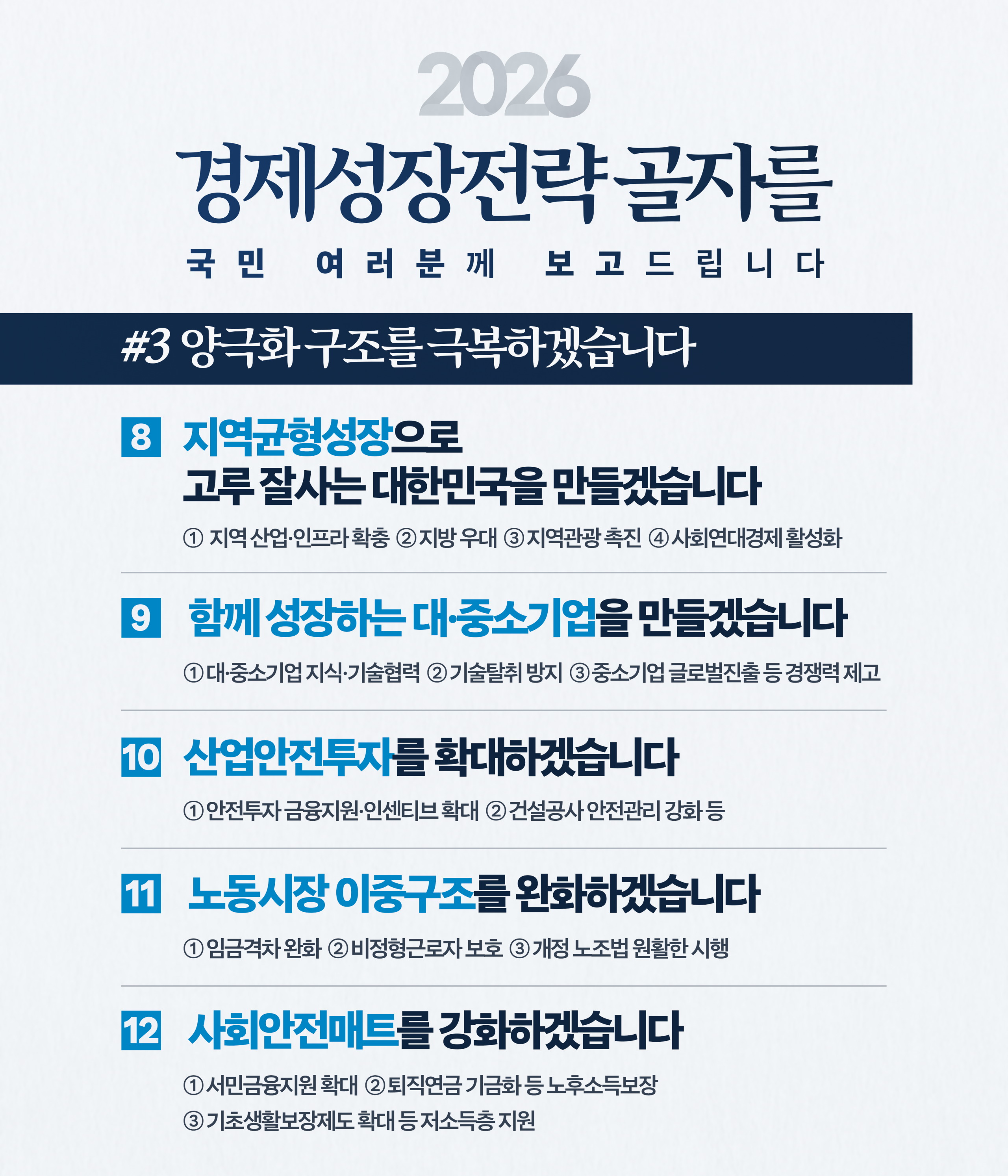 2026 경제성장전략 주요 골자      2026 경제성장전략 골자를 국민 여러분께 보고드립니다  #3 양극화 구조를 극복하겠습니다      8. 지역균형성장으로 고루 잘사는 대한민국을 만들겠습니다          ① 지역 산업·인프라 확충          ② 지방 우대          ③ 지역관광 촉진          ④ 사회연대경제 활성화      9. 함께 성장하는 대·중소기업을 만들겠습니다          ① 대·중소기업 지식·기술협력          ② 기술탈취 방지          ③ 중소기업 글로벌진출 등 경쟁력 제고      10. 산업안전투자를 확대하겠습니다          ① 안전투자 금융지원·인센티브 확대          ② 건설공사 안전관리 강화 등      11. 노동시장 이중구조를 완화하겠습니다          ① 임금격차 완화          ② 비정형근로자 보호          ③ 개정 노조법 원활한 시행      12. 사회안전망을 강화하겠습니다          ① 서민금융지원 확대          ② 퇴직연금 기금화 등 노후소득보장          ③ 기초생활보장제도 확대 등 저소득층 지원